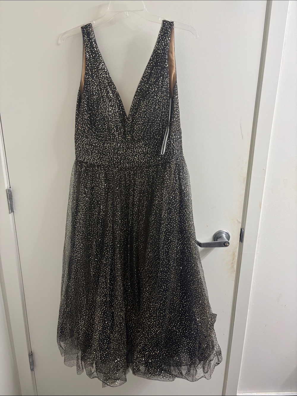 Sparkle Black Midi Dress with Deep V-Neck
